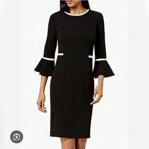 NWT Calvin Klein Elegant Timeless BLACK WHITE Trim Bell Sleeve Sheath Dress Sz 4